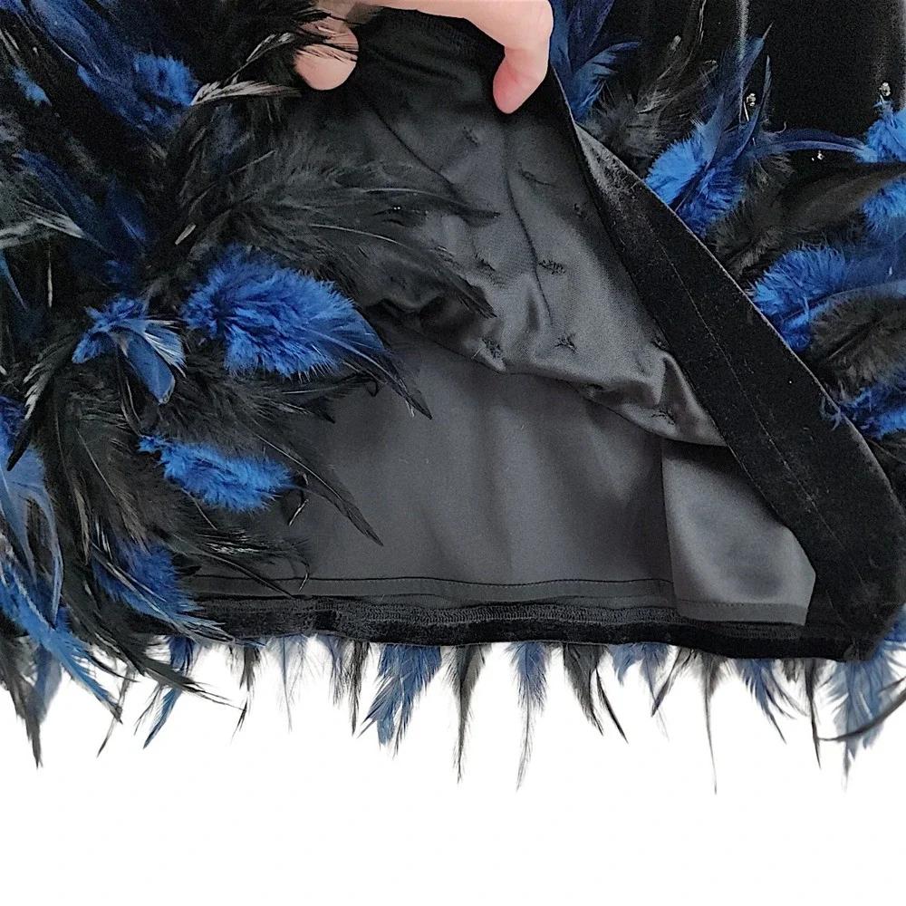 Tahari Velour Dress 12 Black Velvet Blue Feathers Mesh Long Sleeve Cocktail Mini - Picture 10 of 15